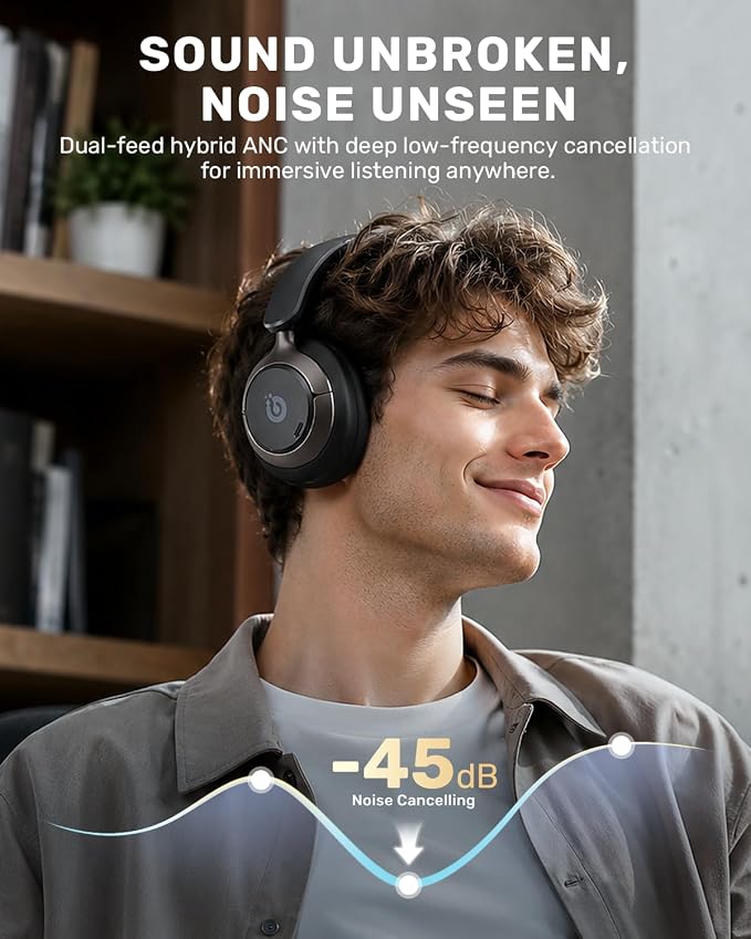 Boean Active Noise Cancelling Headphones, Bluetooth 6.0 Wireless Over Ear Headphones with 120H Playtime, 360° Spatial Audio & 5 ENC Mics, Soft Memory Foam, Transparency Mode for Office Travel Gaming