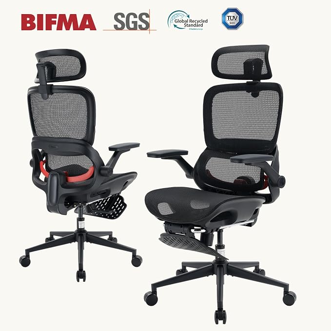 SIHOO B100 PRO Ergonomic Office Chair with Footrest, Mesh Office Chair with Adaptive Lumbar Support, Computer Chair with Wide Headrest, Desk Chair with 360° Rotatable Flip-Up Armrests, Black
