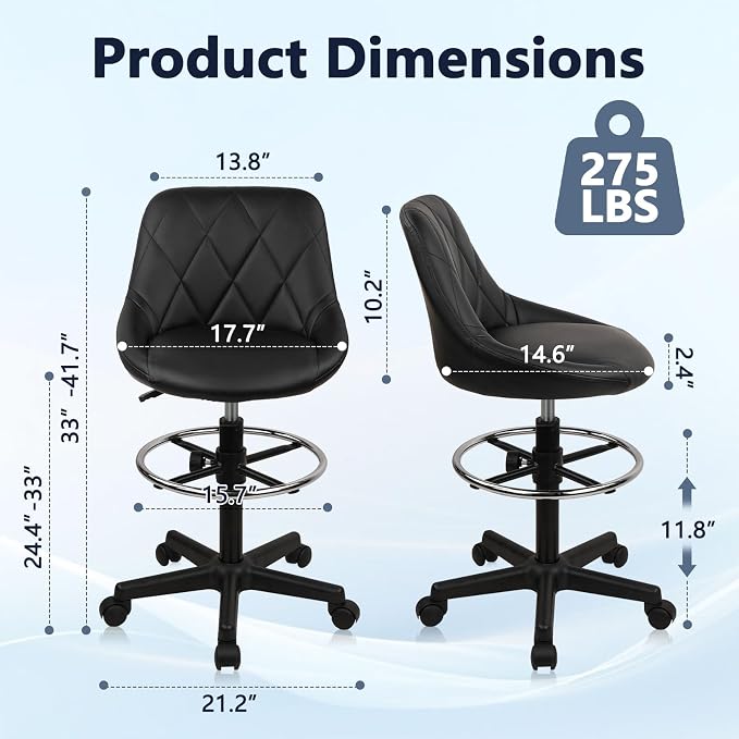 KLASIKA Drafting Chair with Back, Leather Rolling Swivel Stool with Adjustable Height and Footrest, Ergonomic Tall Standing Desk Office Chairs with Wheels for Home Work Shop Kitchen Bar, 2PK