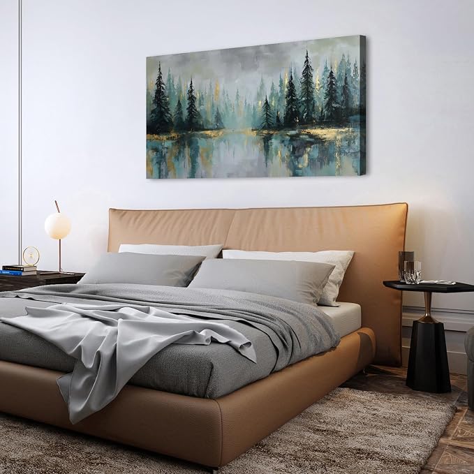 AIYISU Green Forest Wall Art Vintage Fog Pine Trees Landscape Wall Decor Nature Green and Gold Forest Lake Scenery Canvas Prints Pictures Farmhouse Artwork Kitchen Living Room Home Decorations 30x60