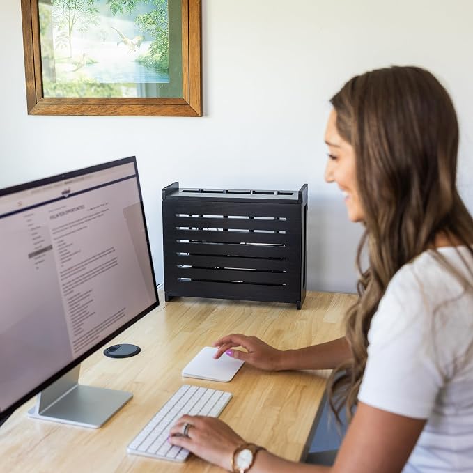 WiFi Router Storage Cabinet Router Box Hider WiFi Box Hider Shelf Cover | Standard • Pine Wood • Black Finish • Seamless Side Panel Design • Fits Routers Up To 11" • Wall Mount Or Desktop Placement