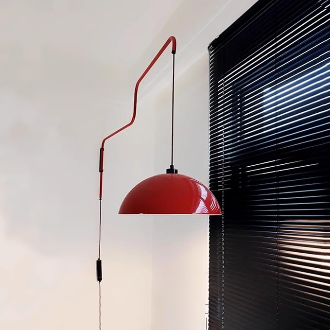 Modern Swing Arm Wall Sconce Plug in Red Wall Lamp Dome Shade Wall Mounted Long Arm Light Mid Century Bedside Reading Wall Light for Bedroom Living Room