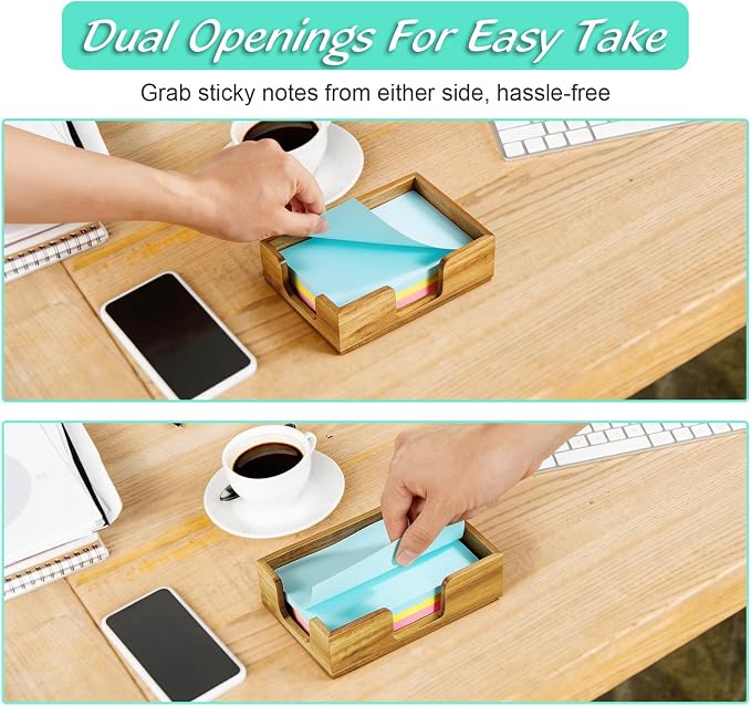 Bivvclaz Acacia Wood Sticky Note Holder, 4 x 6 Inch Notepad Holder Dispenser with Dual Openings, Self Stick Note Pad Holder, Memo Pad Holder Dispenser Organizer for School Office Desk Supplies