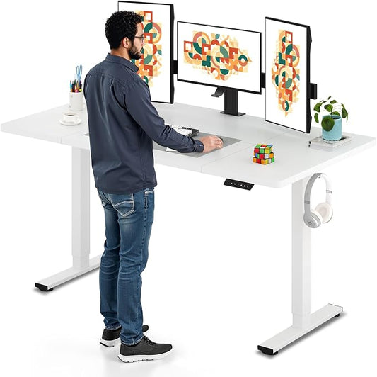SANODESK Electric Standing Desk, 63 x 32'' Height Adjustable Sit Stand Desk with Large Splice Board Desktop Ergonomic Memory Presets Computer Workstations for Home Office, White Frame/White Top
