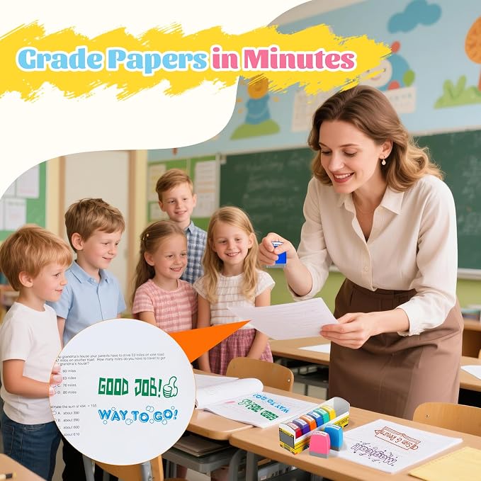 Teacher Stamps for Grading, Teacher Appreciation Gifts, School Bus Self Inking Teacher Stamps Set for Classroom, Back to School Supplies, Motivational Reward Stamps with Sign Return Good Job (8 Pcs)