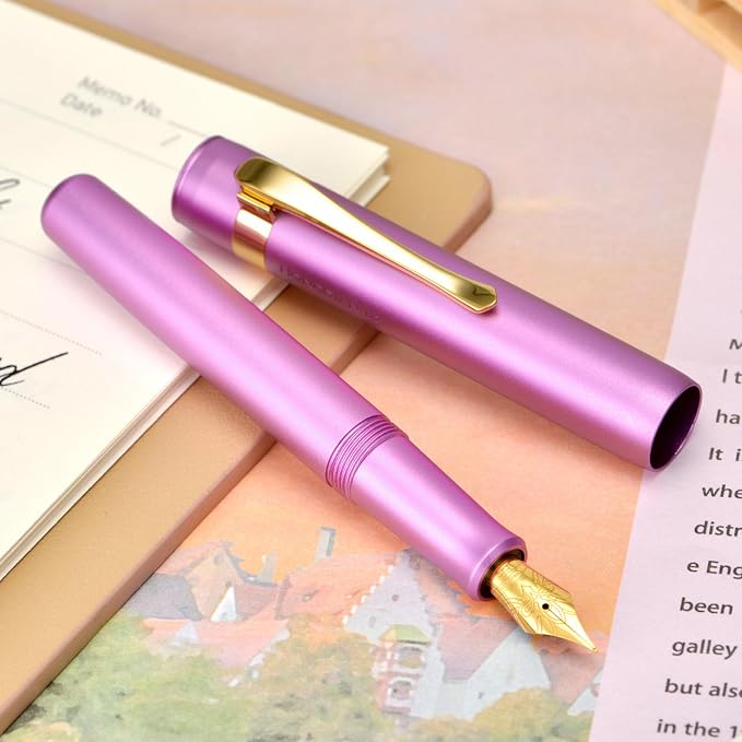 HONG DIAN M2 Black Forest Mini Fountain Pen, Medium Soft Golden Nib & Sleek Shape Aluminium Short Pocket Travel Pen (Lilac Purple)