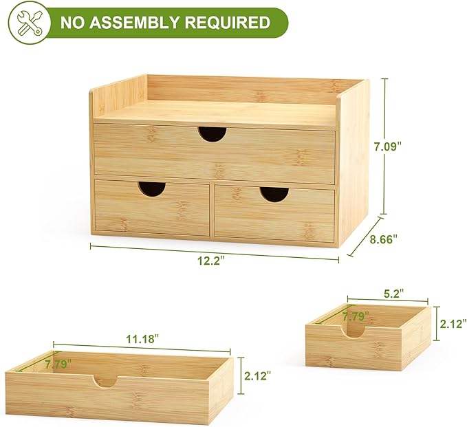 Wisuce Desk Organizer with Drawers - Bamboo Desktop Organizer Storage-Natural Wood Desk Drawers Organizer for Bills, Office Supplies, Cosmetics, Seals No Assembly Required (3 Drawers（top-bottom))