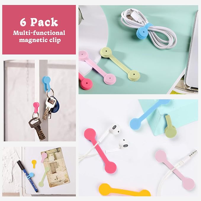 Viaky Magnetic Cable Ties 6-Pack,Silicone Magnetic Cord Ties,Macaron Color | Magnetic Cord Organizer for Bundling Earphone, Charging Cords,Cord Wraps,Reusable Twist Ties for Home,Office,Kitchen,Travel