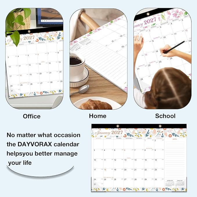 Desk Calendar 2026-2027 - 19 Month Desk Calendar july 2026-2027 Dec, 17" x 12", Large Monthly Desktop Calendar with Plastic Cover, Thick Paper, Corner Protectors - Floral (2 Stickers Included)