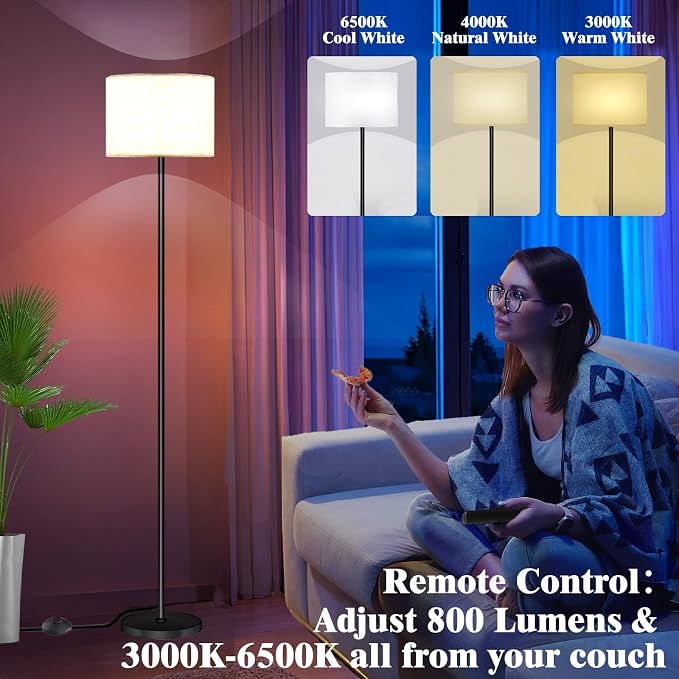 Qaubauyt Smart LED Floor Lamp with APP Control & RGB Colors - Dimmable Standing Lamp for Living Room, Bedroom, Gaming - Remote, Timer, 9W Bulb Included, 60.6" Modern Tall Lamp (White)