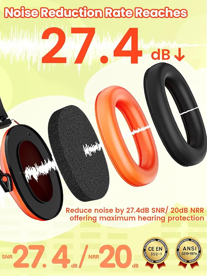 Ear Muffs for Noise Reduction: 27.4SNR Noise Cancelling Headphones for Kids Adults, EM100 Adjustable Hearing Protection Earmuffs for Monster Jam, Autism Sensory, Concerts, Fireworks Orange