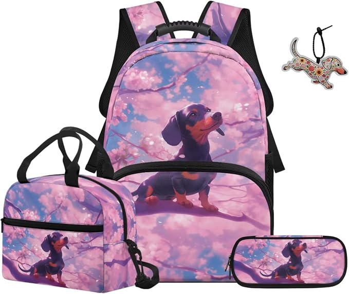 ZFRXIGN Dachshund Dog Kids Backpack for Girls 6-8 8-12 Bookbag with Cute Pendant 17inch Elementary School Bag and Lunch Box Pencil Case Back to School Stuff