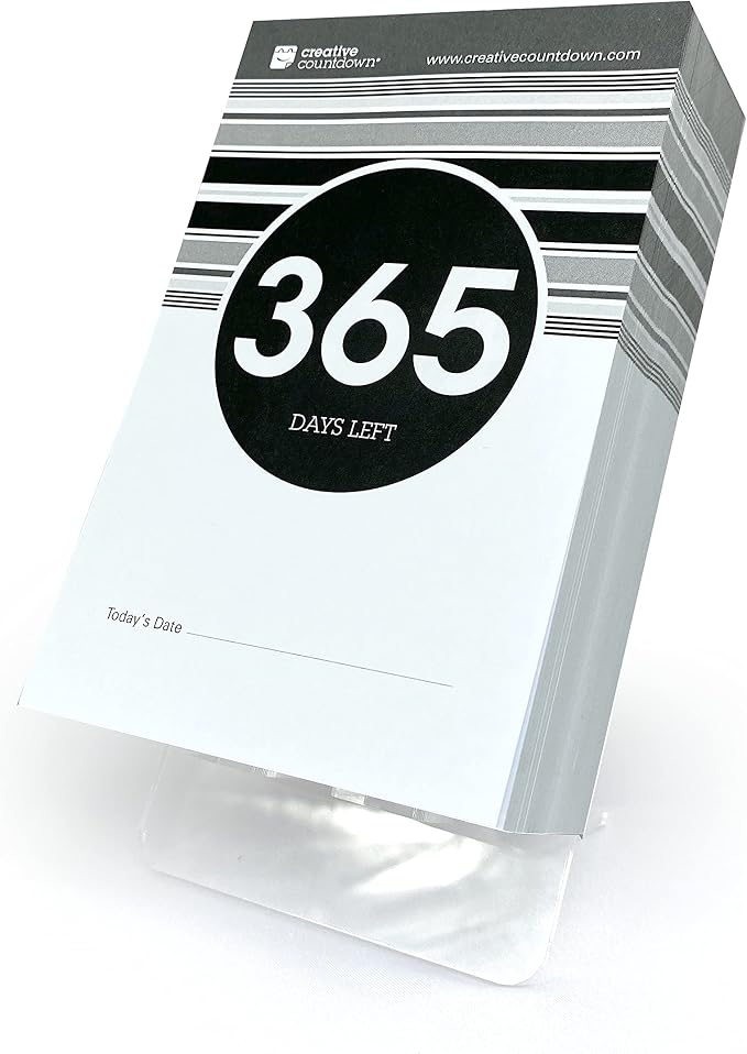 1 Year (365 Days) Event, Goal & Special Occasion Count Down Calendar - 5.75"x3.75" - Black & White Tear Off Countdown Calendar - Tear Away Desktop Calendar with Writing Space & Sleek Acrylic Display