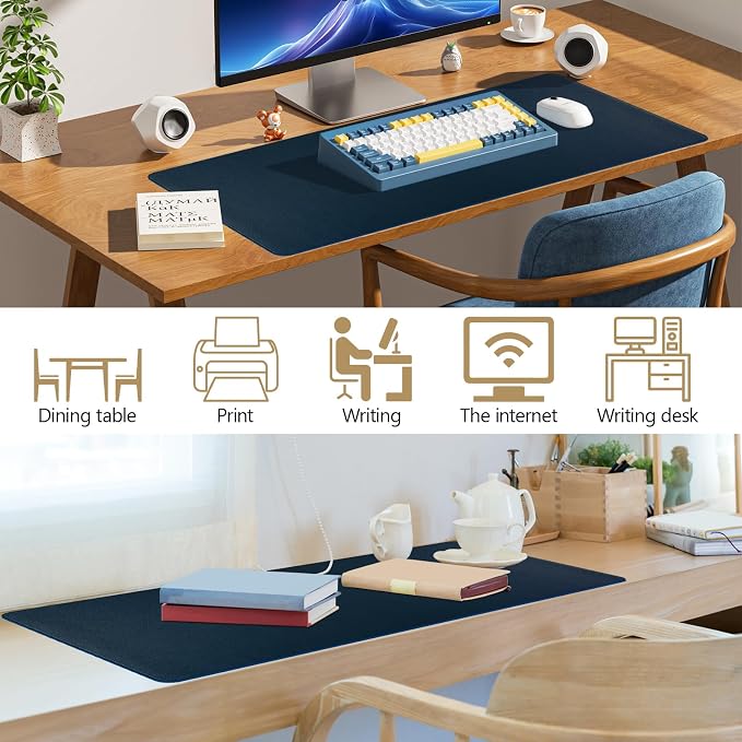 Dark Blue Leather Desk Pad Large Mouse Pad, 31.5"x15.7" | Waterproof Desk Mat for Keyboard and Mouse, Non-Slip Computer Desk Protector, Smooth Mouse Control for Home Office