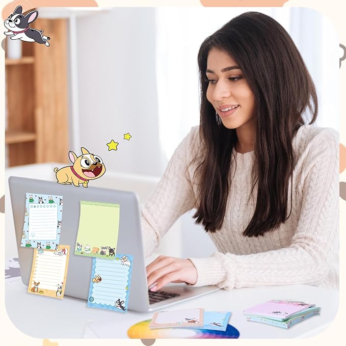 12 Pcs French Dog Sticky Notes Kawaii Notepads 3x4 Inch Adhesive Dog Gifts for Frenchie Lovers to Do List for Memo Reminder for Office Home Supplies Christmas Small Gift