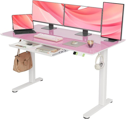 INNOVAR 55×24 Inch Morandi Powder Glass Standing Desk with Drawers | Tempered Glass Top, Ergonomic, Adjustable Height, Stand Up Desk,4 Memory Presets