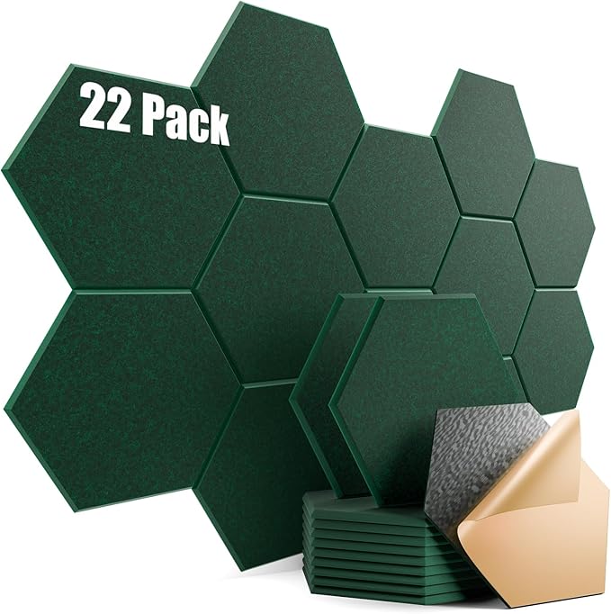 22 Pack Self-Adhesive Acoustic Panels 12" X 10" X 0.4" - Sound Proof Foam Panels with High Density, Stylish Hexagonal Design, Flame Resistant, Absorb Noise and Eliminate Echoes(Ink Green)