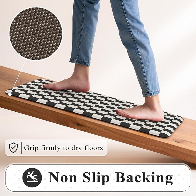 KIMODE Anti Fatigue Kitchen Mat for Floor, Checkered Kitchen Rugs Sets of 2 | Black and White Kitchen Floor Mats Non-Slip, Cushioned Standing Desk mat for Sink Laundry Office Dormitory RV 17"x47"+17"x29"