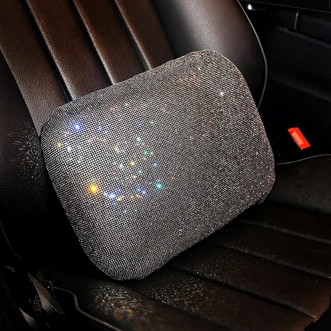 Carwales Lumbar Support Pillow Summer Decorative for Car Soft Bling Accessories Sparkly Diamond Rhinestone for Women Girls, Universal Office Chair Lower Back Cushion Rubber Black