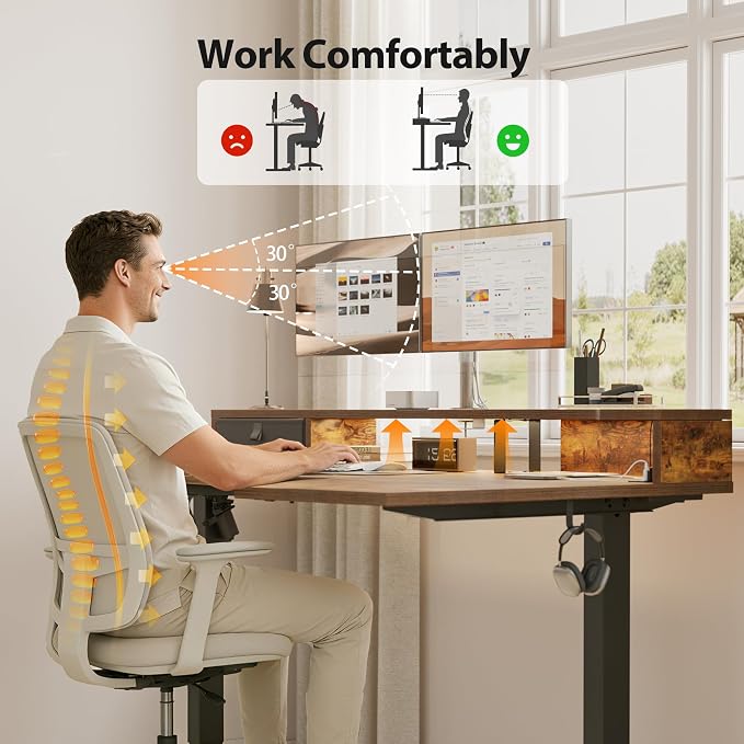 Agilestic 63 Inch L Shaped Electric Standing Desk with Shelf, Height Adjustable Large Desk with Power Outlets & LED, Corner Sit Stand Up Table with Monitor Stand, Computer Workstation, Rustic Brown