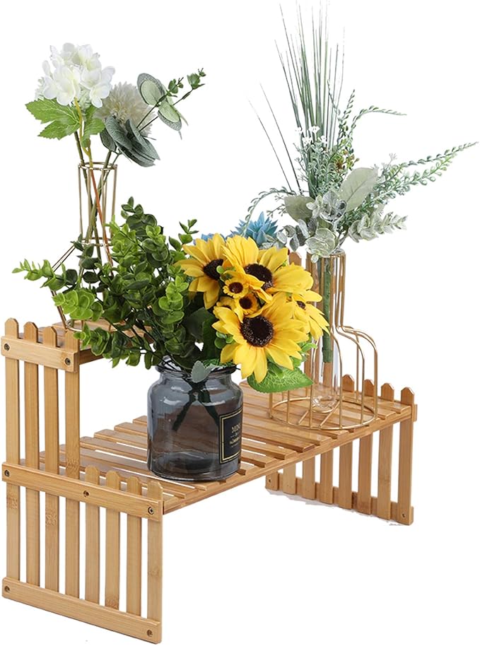14.6"/18.5" 2 Tiers Bamboo Plant Stand Shelf,Desk Flower Pot Holder,Adjustable Desktop Shelf Display Organizer Ladder Rack for Office Decorate Storage Rack,Kitchen Rack (18.5" Length)