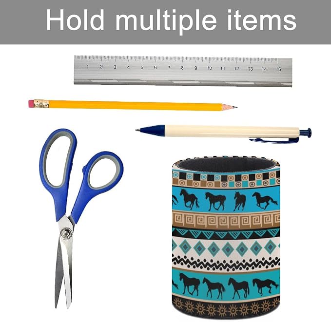 Tribal Aztec Horse Pen Holder for Desk PU Pencil Cup Organizer | Round Desks Makeup Brush Holder for School Multifunctional Office Supplies