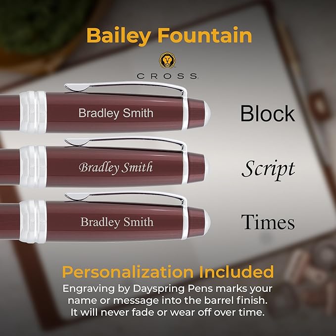 Engraved Cross Fountain Pen | Personalized Cross Bailey Red Lacquer Fountain Pen with Chrome Trim. Personalization, Gift Box, & Starter Ink Included.