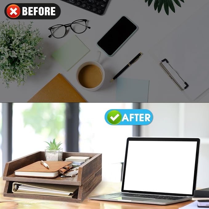 DoubleFill 2 Pcs Wooden Letter Trays 2 Tier Desktop Paper Organizer Wood Letter-Size Desk Document Tray Heavy Duty Stackable Paper Drawer Holder File Folder Back to School Office Home (Dark Wood)