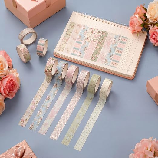 12 Rolls Watercolor Floral Washi Tape Set 15 mm Vintage Flower Decorative Masking Tape for Summer School Arts DIY Craft Scrapbook Journal Supplies Gifts(Vintage Pink,Rose)