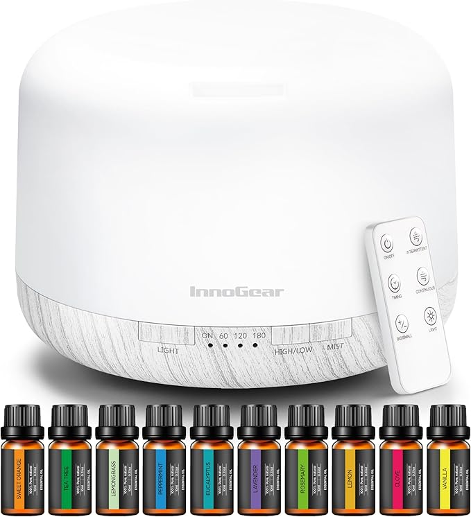 InnoGear Aromatherapy Diffuser & 10 Essential Oils Set, 500ml Essential Oil Diffuser with Remote Control Ultrasonic Cool Mist Scent Humidifier Vaporizer Auto-Off Timer for Valentine's Gift, White