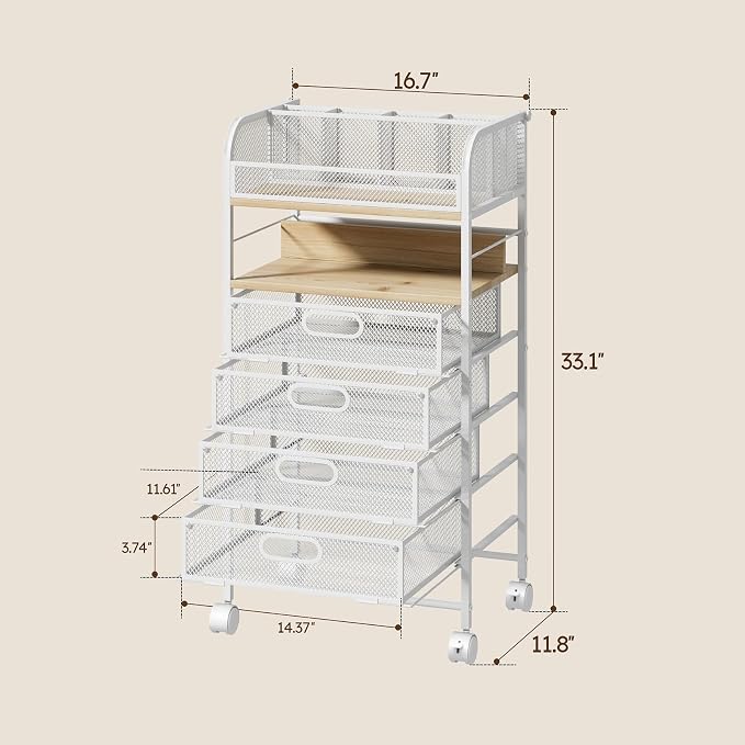 Rolling Art Cart with 4 Drawers, Maple | Art Supplies Organizer, 5-Tier Storage, Adjustable Dividers, Anti-Pull Mesh Drawers, Metal Frame, 4 Casters with 2 Locks