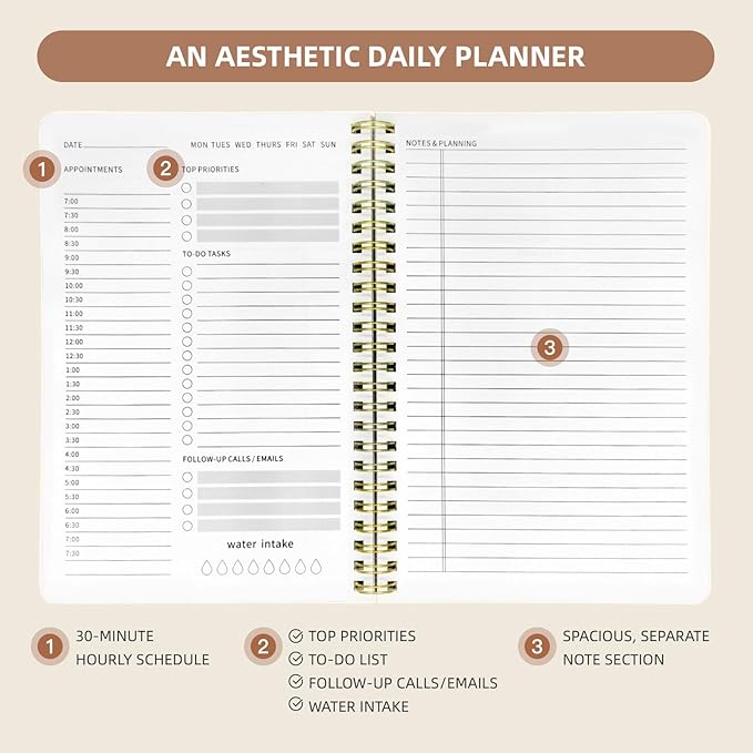Stanoha Undated Daily Planner - Spiral Notebook 80 Days One Day Per Page, Hourly Schedule, To-Do List, Notes, Everyday Planning Task, A5 Hardcover Journal Organizer Book Women Cute Aesthetic, Cat