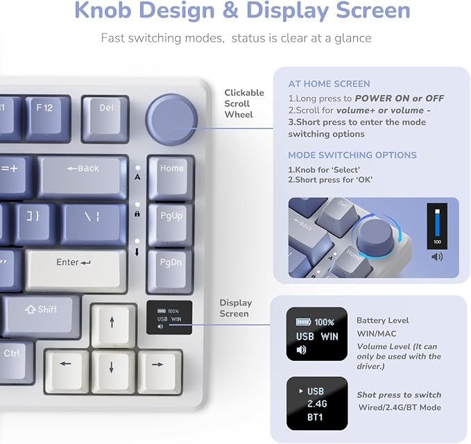 RK ROYAL KLUDGE M75 Mechanical Keyboard with OLED Smart Display and Volume Knob, 2.4G/USB-C/BT Gasket Mounted 75% Layout Wireless Gaming Keyboard with 81 Keys, RGB Backlit Hot-Swappable Red Switch