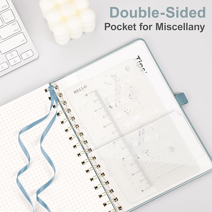 AHGXG Dotted Journal Spiral Notebook, Hardcover Leather Dotted Notebook 140 Pages, A5 Dot Grid Paper Notebook, 100 gsm Thick Paper, for Dotted Journaling, 5.7" x 8.3", Gray Blue