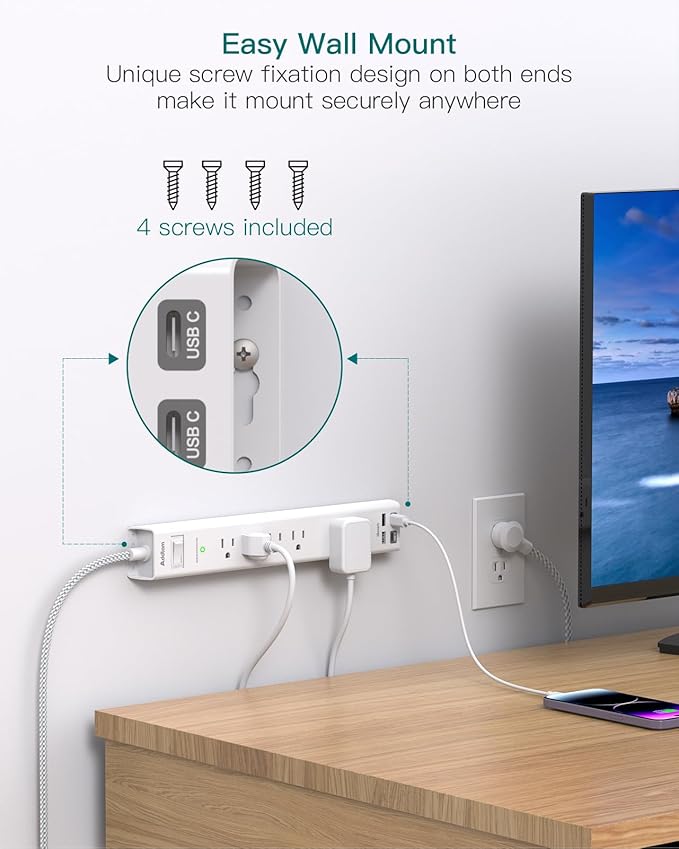 2 Pack Surge Protector Power Strip - 5 Widely Spaced Outlets 4 USB Ports, 5Ft Extension Cord, Flat Plug, Wall Mount Outlet Extender, Desk Charging Station for Home Office College Dorm Room Essentials
