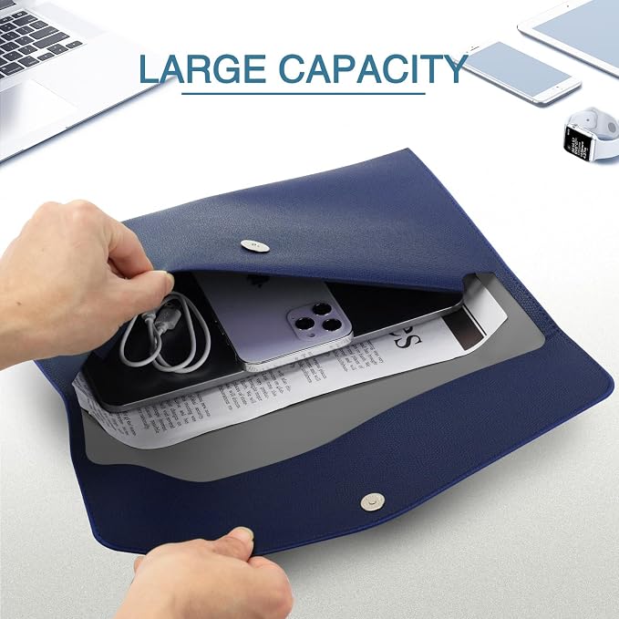 FYY File Folder, PU Leather A4 Document Holder File Organizer Filing Envelope Portfolio Case Tablet Sleeve with Magnetic Snap Closure for Home School Office Stationery DarkBlue