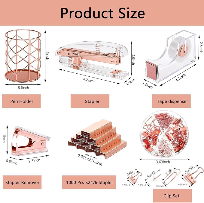 suniya Office Supplies,Rose Gold Desk Accessories,with Stapler,Tape Dispenser,Pen Holder,Scissors,Phone Stand,Staple Remover,Ballpoint Pen,Clear Tape,Staples,Ruler,Clips,Best Gift for Business or Boss