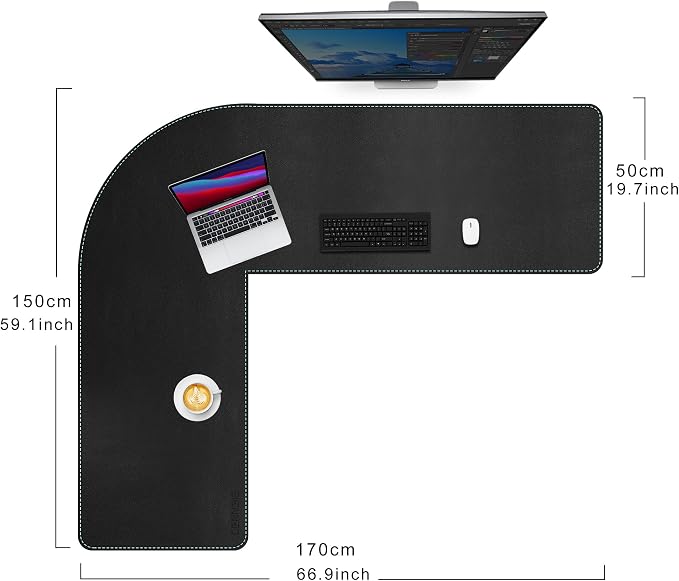 CENNBIE Large L-Shaped Leather Desk Pad (‎‎59" + 67") x19.6 - Home Office Accessories Corner Desk Mat (Black)