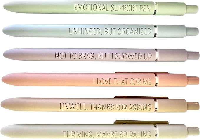 6-Pen Set | Unhinged But High-Functioning Engraved Soft-Touch Gel Pens｜Snarky Sarcastic Emotional Support Pens｜Office Supplies (Silver Pastel)