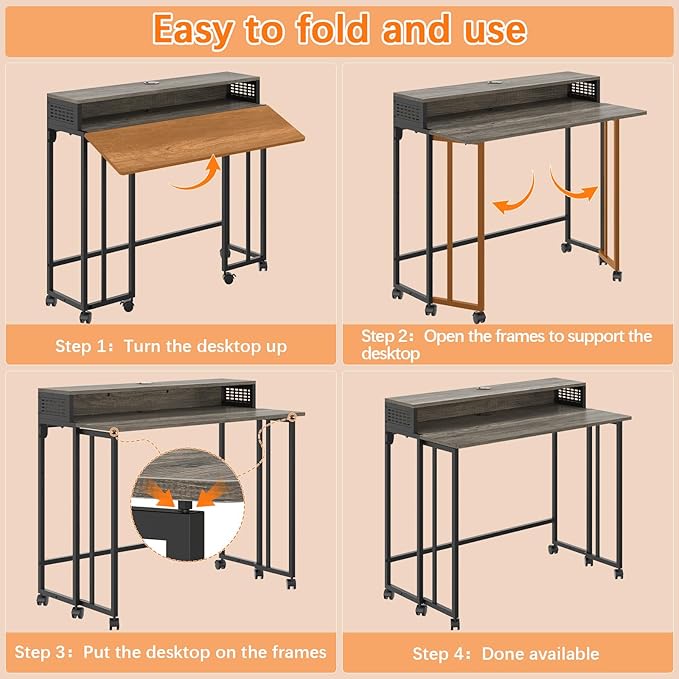 Gezen Folding Desk With Storage Shelf, Small Rolling With Wheels, Mobile Couch Sofa Side Table Bed for Home Office Small Space, Dark Grey, 39.4"