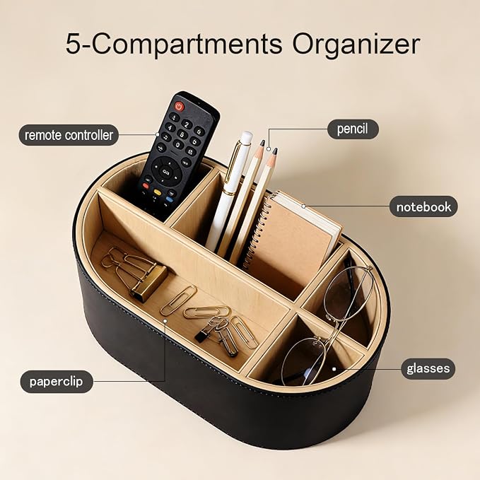 KINGFOM PU Leather Desk Organizer with Multi Compartments, Desktop Caddy Holder for Remote Controls, Pens, Makeup Brushes, Office Accessories (Black)