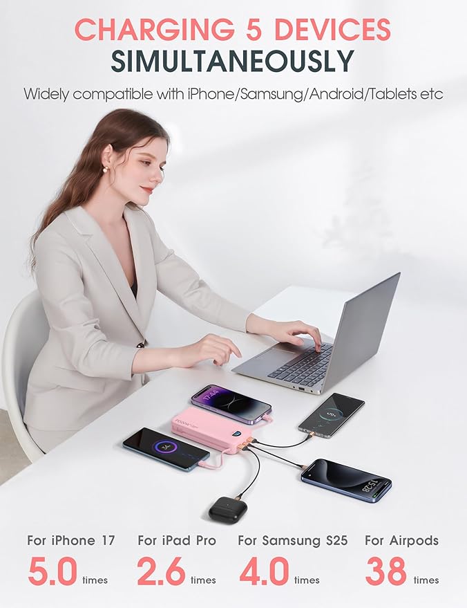 citicr Portable Charger 20000mAh PD20W w/Built-in Cables & Wall Plug Pink | High capacity, Fast charging, Built-in wall plug, LED display, Charge 5 devices at once, Pass through charging, TSA approved