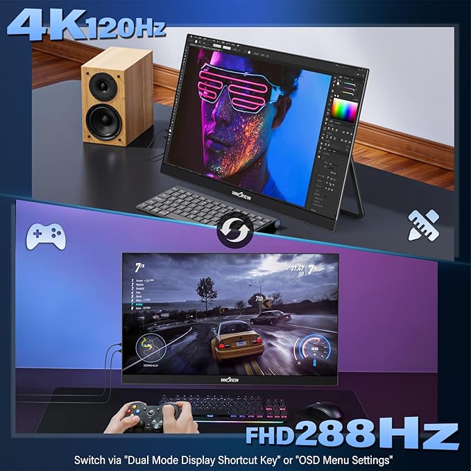 InnoView 27 Inch Monitor Dual Mode 4K UHD 120Hz/FHD 288Hz Larger Monitor, USB-C HDMI Computer Display HDR IPS Gaming Monitor, Kickstand, Speakers, for PC, MAC, Phone, PS4, Xbox, Switch