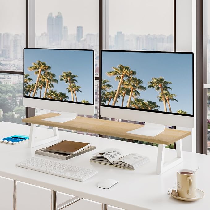 TEAMIX 31.5 inch Dual Monitor Stand Riser, Laptop/TV Stand, Desk Organizer | Long Stand Riser for 2 Monitors, Wood & Steel Computer Stand, Holds 150lbs, Keyboard & PS5 Storage, For Home Office & Gaming