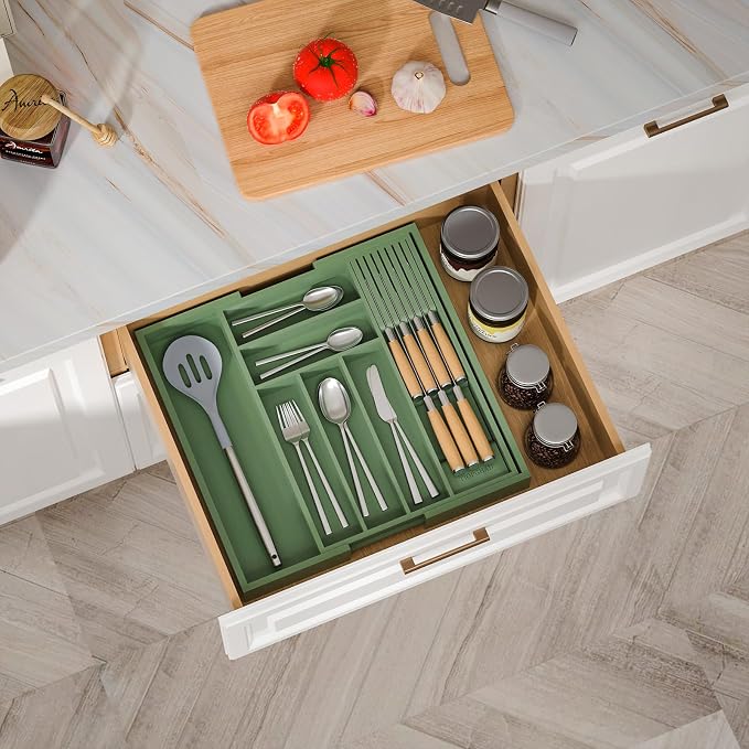 Expandable Bamboo Silverware Drawer Organizer Tray, Grayish Green | Removable Knife Block, Holds 7 Knives, Adjustable Dividers, 12.6-21.45 x 16.3 x 2.13 in, Drawer Insert for Utensils, Forks