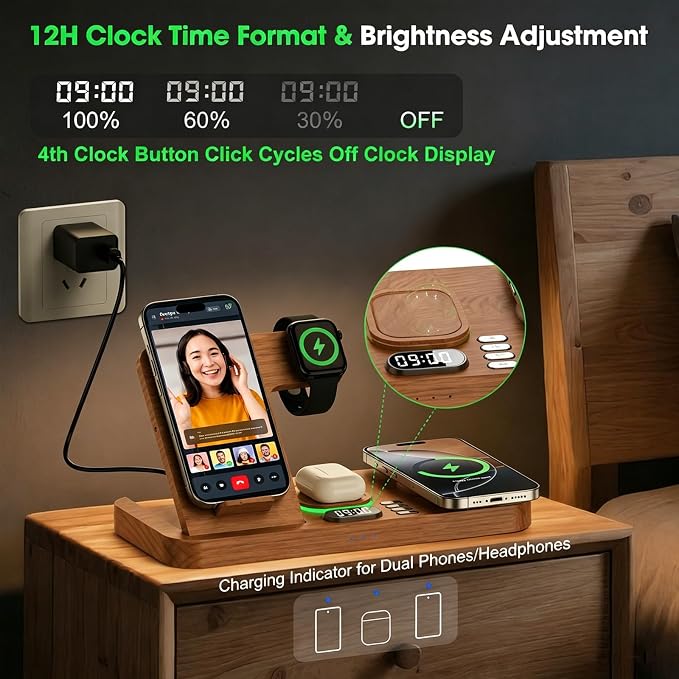 Dual Phone Wireless Charging Station for Apple Devices, Magnetic Charging Station for iPhone with Auto Switch 7-Color Light&Clock, Family Watch Charger for iPhone17 for iWatch11 for AirPods Pro3(Wood)