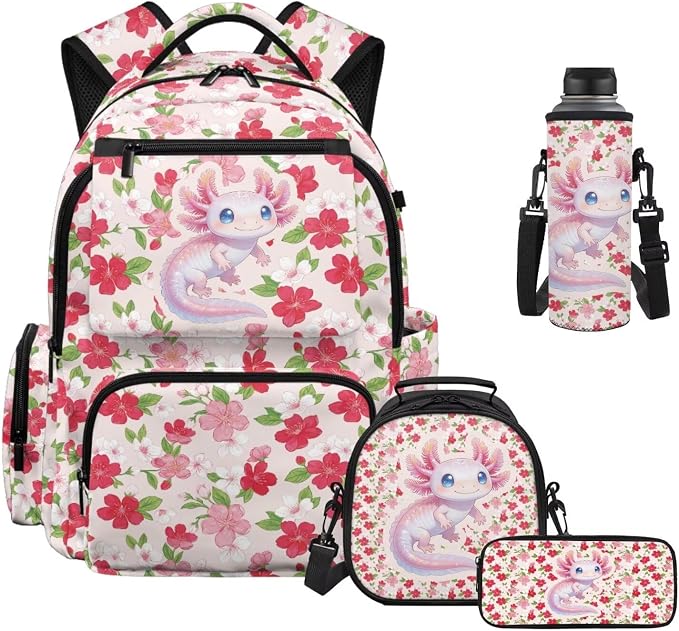 WELLFLYHOM Axolotl 4 PCS Backpack for School Girls 8-12 17 Inch School Bookbag Lunch Bag Pencil Pen Case Water Bottle Cover Kids Daypack for Junior Senior Students