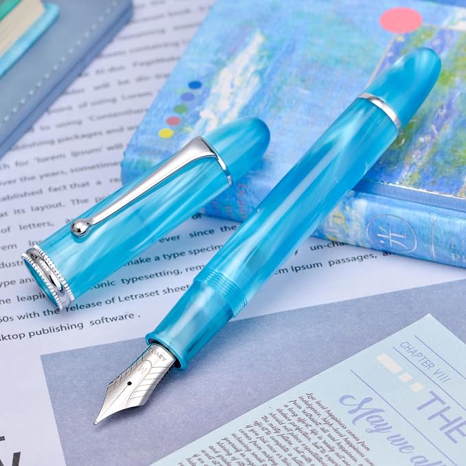Asvine V800 Fountain Pen – Vacuum Filling System with Large Ink Capacity – Smooth Number 8 Fine Nib with Gift Case and Wrench- Sky Blue Acrylic