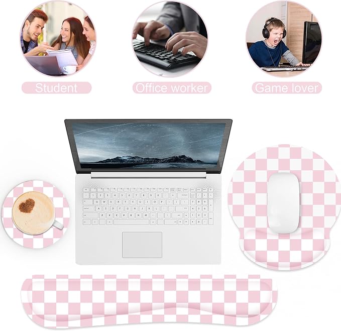 Ergonomic Mouse Pad with Wrist Rest and Keyboard Wrist Rest, Mousepad and Wrist Rest for Computer Keyboard, Pain Relief, Non-Slip Base, Mouse Pad with Wrist Support for Gaming, Office, Pink Checkered