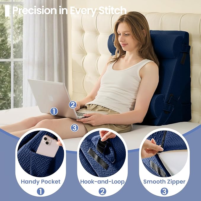 Sasttie Adjustable Wedge Pillow Set for After Surgery, Navy | 2PCS Bed Wedge Pillow Headboard with Memory Foam Neck Cushion, for Acid Reflux, Sleeping, Neck & Back Support